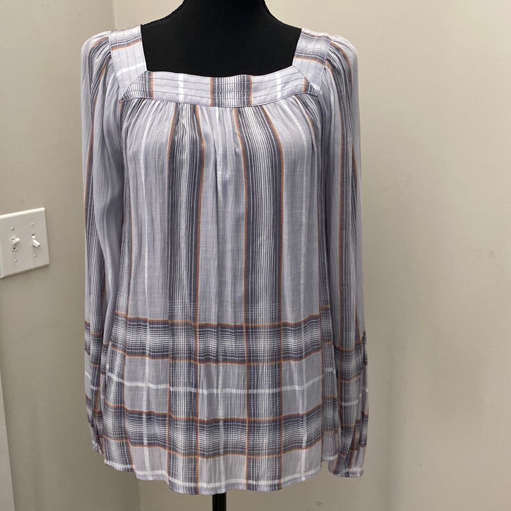 LC Lauren Conrad Womens Gray Plaid Windowpane Check Square Neck Blouse Medium